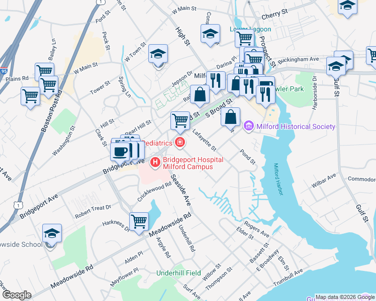 map of restaurants, bars, coffee shops, grocery stores, and more near 9 Lafayette Street in Milford