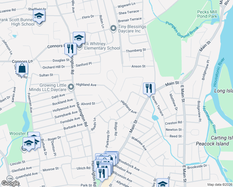 map of restaurants, bars, coffee shops, grocery stores, and more near 360 High View Drive in Stratford