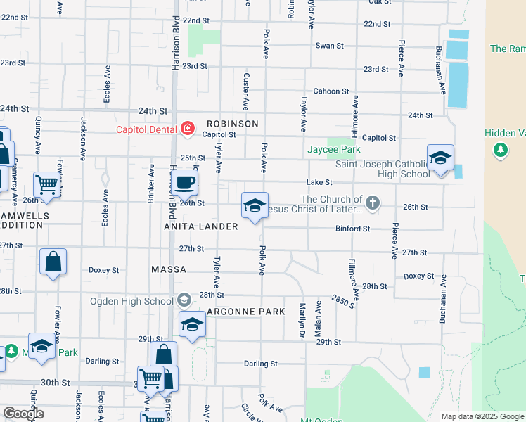 map of restaurants, bars, coffee shops, grocery stores, and more near 1378 26th Street in Ogden