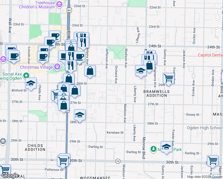 map of restaurants, bars, coffee shops, grocery stores, and more near 2580 Jefferson Avenue in Ogden