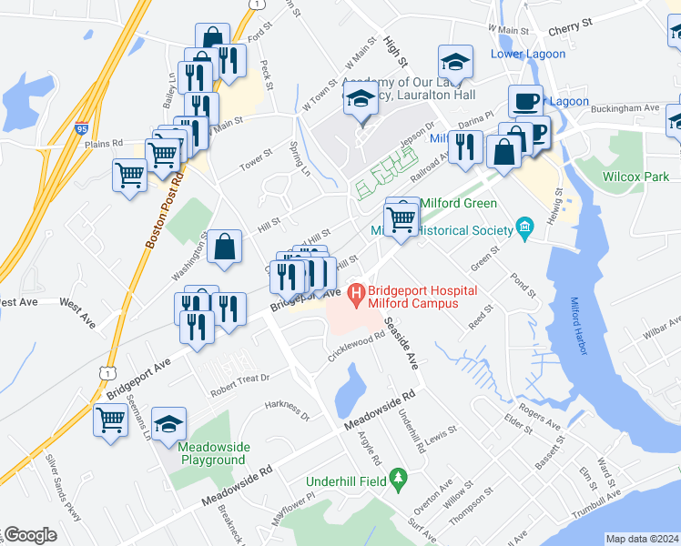 map of restaurants, bars, coffee shops, grocery stores, and more near 51 Golden Hill Street in Milford