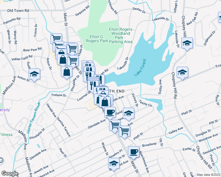 map of restaurants, bars, coffee shops, grocery stores, and more near 90 Grenelle Street in Bridgeport