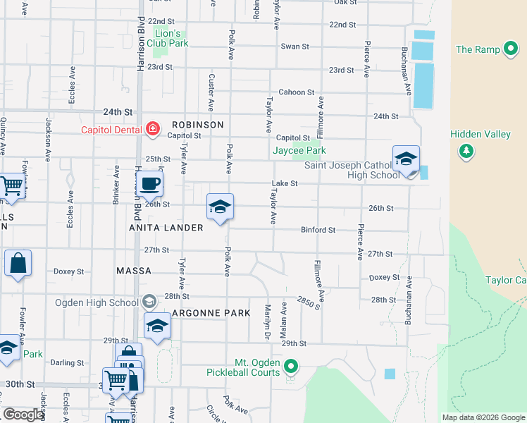 map of restaurants, bars, coffee shops, grocery stores, and more near 1471 26th Street in Ogden
