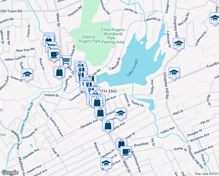 map of restaurants, bars, coffee shops, grocery stores, and more near 142 Chatham Terrace in Bridgeport