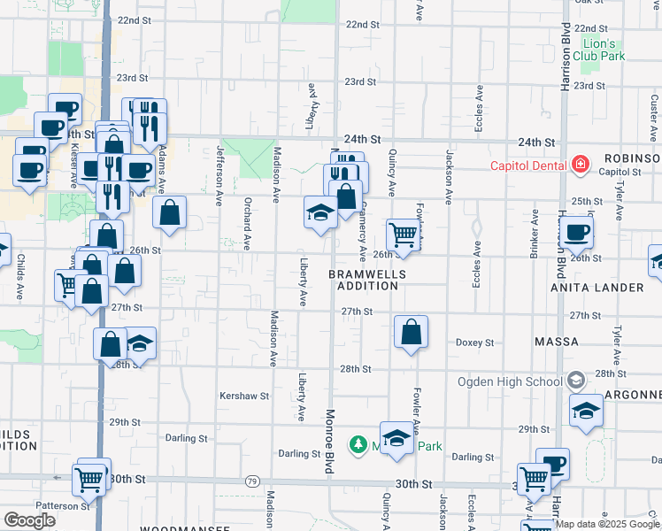 map of restaurants, bars, coffee shops, grocery stores, and more near 798 26th Street in Ogden