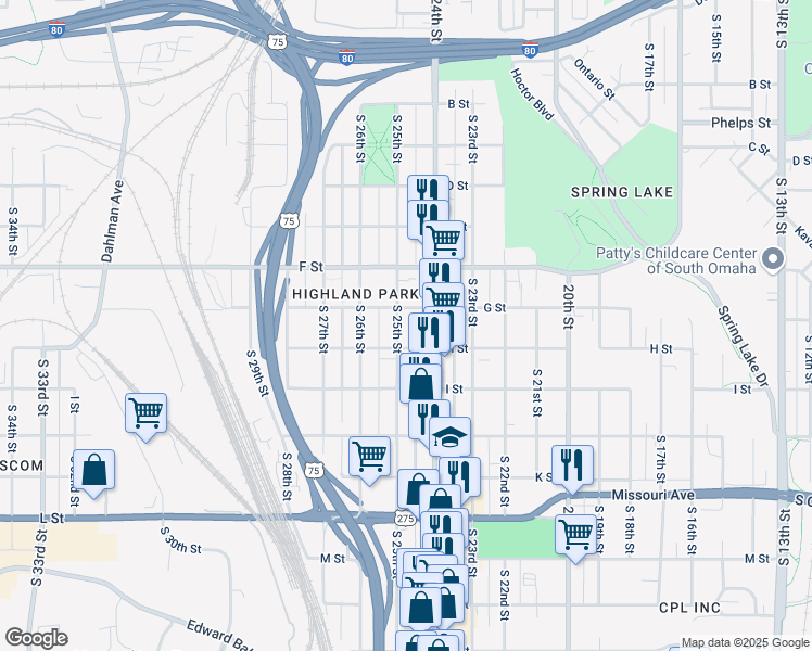 map of restaurants, bars, coffee shops, grocery stores, and more near 2409 G Street in Omaha