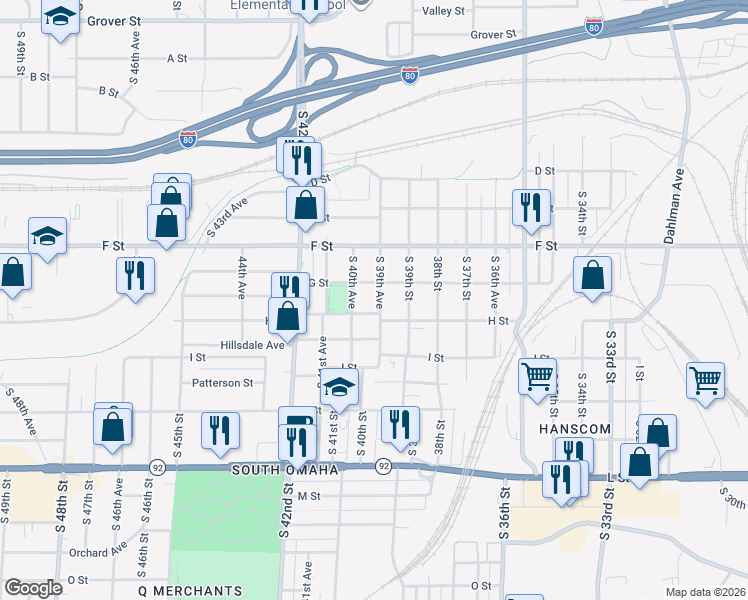 map of restaurants, bars, coffee shops, grocery stores, and more near 4202 South 39th Avenue in Omaha