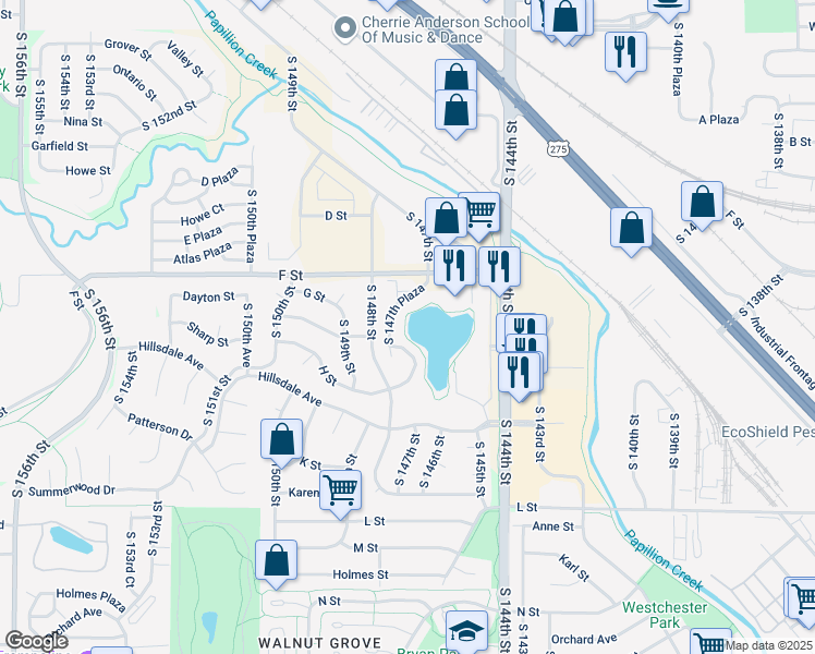 map of restaurants, bars, coffee shops, grocery stores, and more near 4121 South 147th Plaza in Omaha