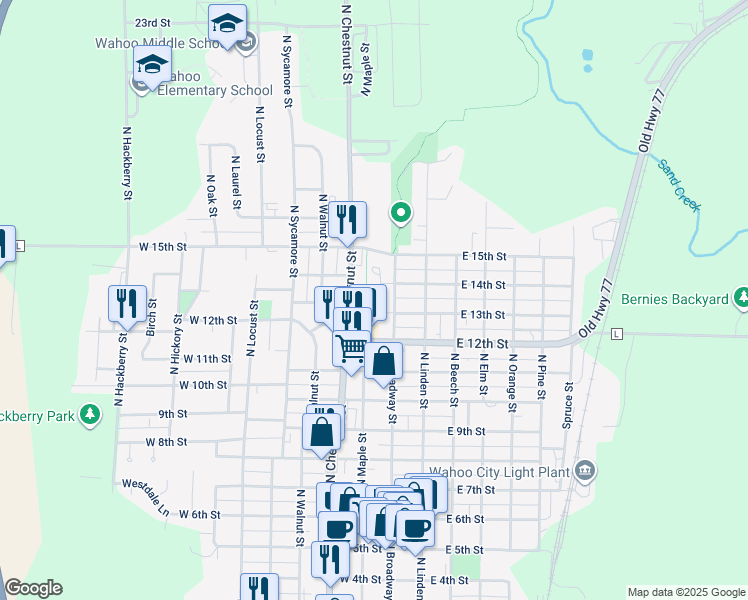map of restaurants, bars, coffee shops, grocery stores, and more near 140 West 13th Street in Wahoo