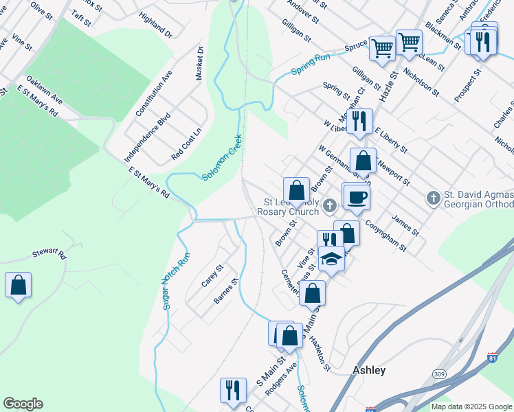 map of restaurants, bars, coffee shops, grocery stores, and more near 120 Ashley Street in Ashley