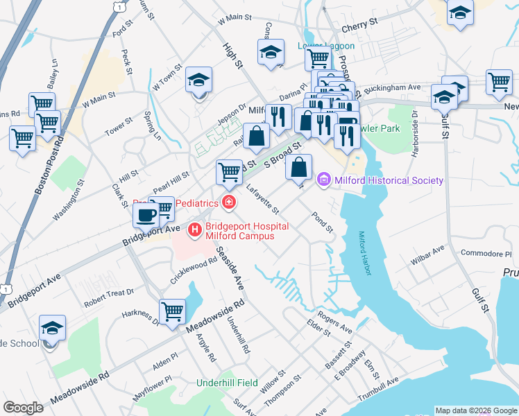 map of restaurants, bars, coffee shops, grocery stores, and more near 39-41 Central Avenue in Milford