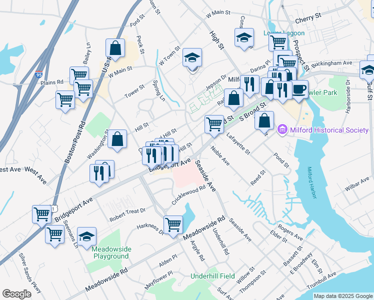 map of restaurants, bars, coffee shops, grocery stores, and more near 26 Golden Hill Street in Milford