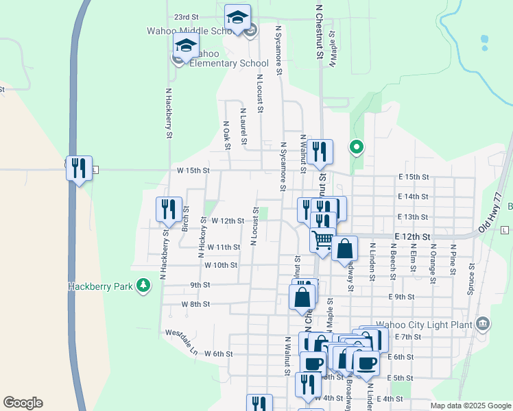 map of restaurants, bars, coffee shops, grocery stores, and more near 1335 North Locust Street in Wahoo