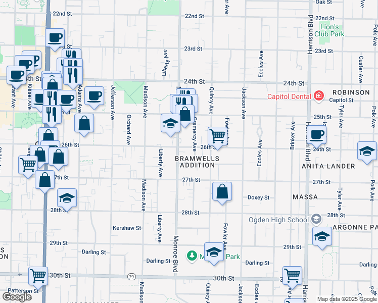 map of restaurants, bars, coffee shops, grocery stores, and more near 827 26th Street in Ogden