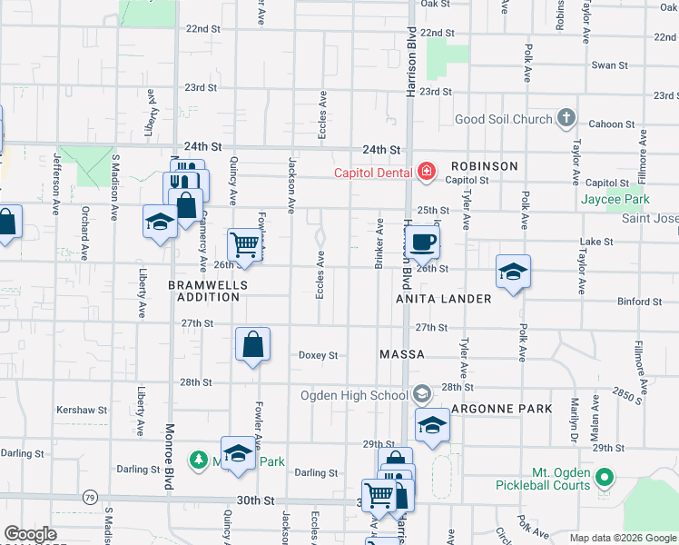 map of restaurants, bars, coffee shops, grocery stores, and more near 2605 Van Buren Avenue in Ogden