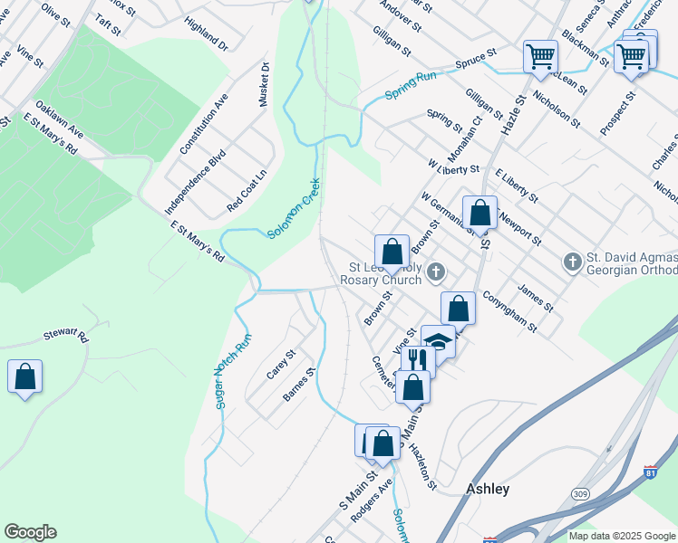 map of restaurants, bars, coffee shops, grocery stores, and more near 120 Ashley Street in Ashley