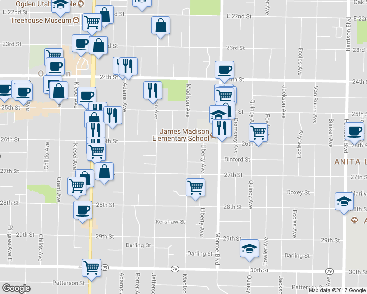map of restaurants, bars, coffee shops, grocery stores, and more near 2609 Madison Avenue in Ogden