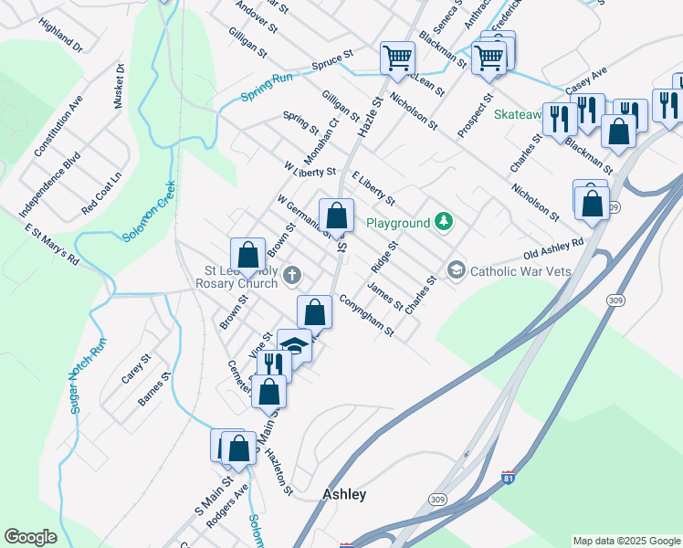 map of restaurants, bars, coffee shops, grocery stores, and more near 124 North Main Street in Ashley