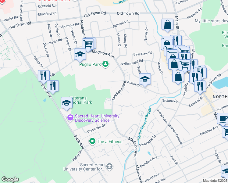 map of restaurants, bars, coffee shops, grocery stores, and more near 3273 Madison Avenue in Bridgeport
