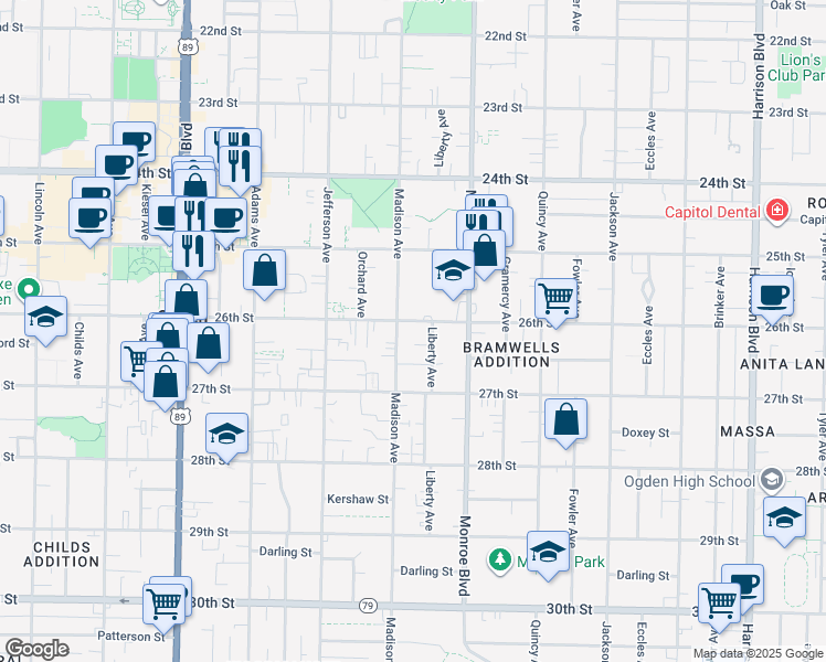 map of restaurants, bars, coffee shops, grocery stores, and more near 717 26th Street in Ogden