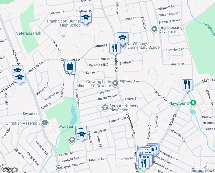 map of restaurants, bars, coffee shops, grocery stores, and more near 835 Huntington Road in Stratford