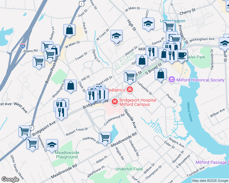 map of restaurants, bars, coffee shops, grocery stores, and more near 26 Golden Hill Street in Milford