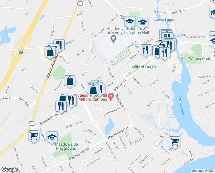 map of restaurants, bars, coffee shops, grocery stores, and more near 44 Golden Hill Street in Milford