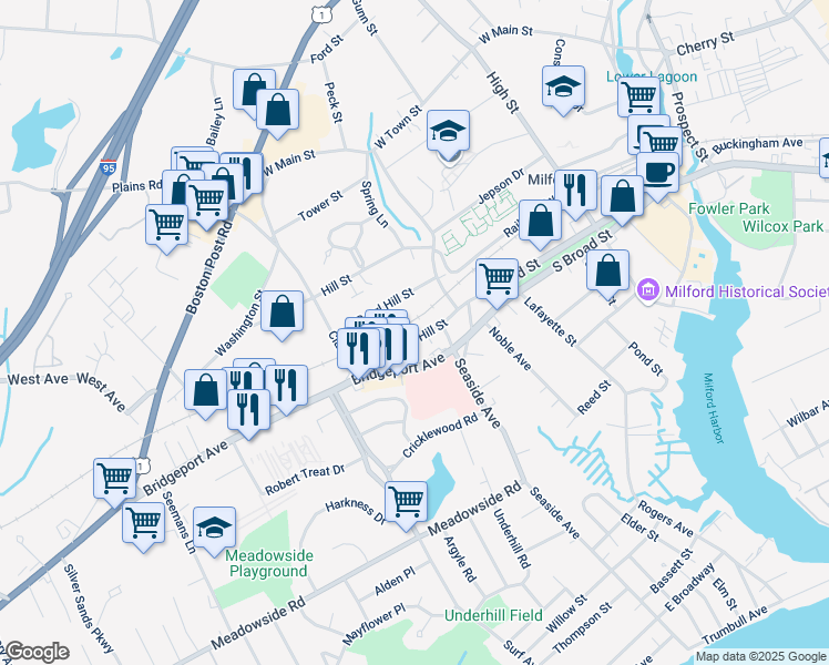 map of restaurants, bars, coffee shops, grocery stores, and more near 51 Golden Hill Street in Milford