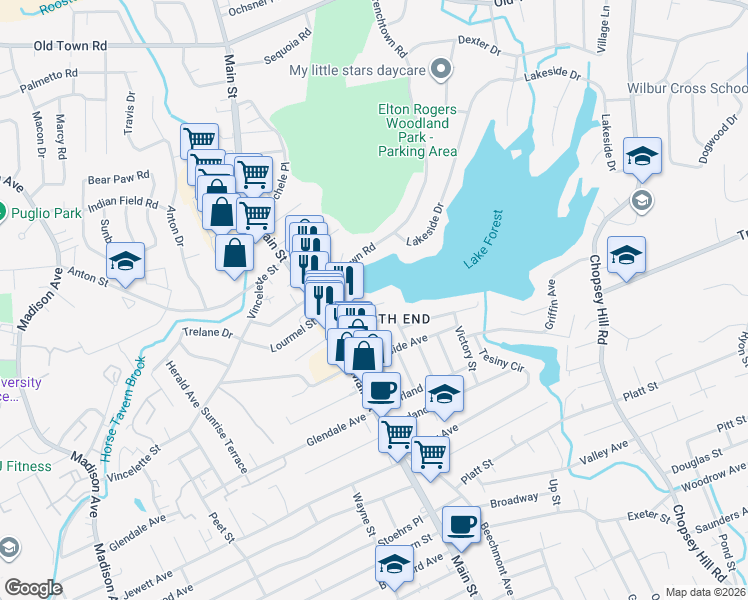 map of restaurants, bars, coffee shops, grocery stores, and more near 90 Grenelle Street in Bridgeport