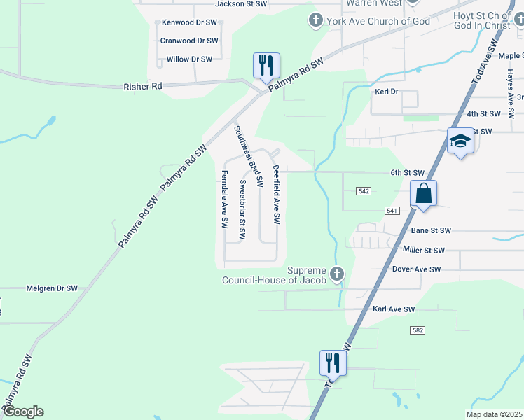 map of restaurants, bars, coffee shops, grocery stores, and more near 1802 Deerfield Avenue Southwest in Warren
