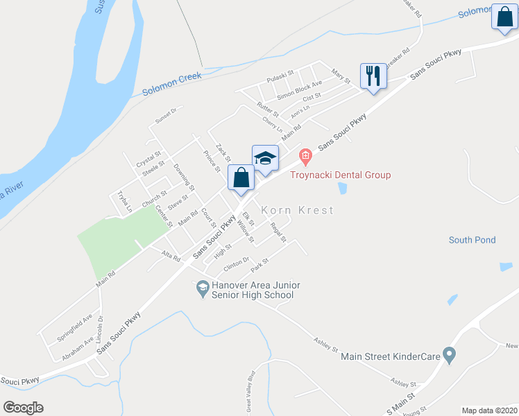 map of restaurants, bars, coffee shops, grocery stores, and more near 105 Regal Street in Wilkes-Barre