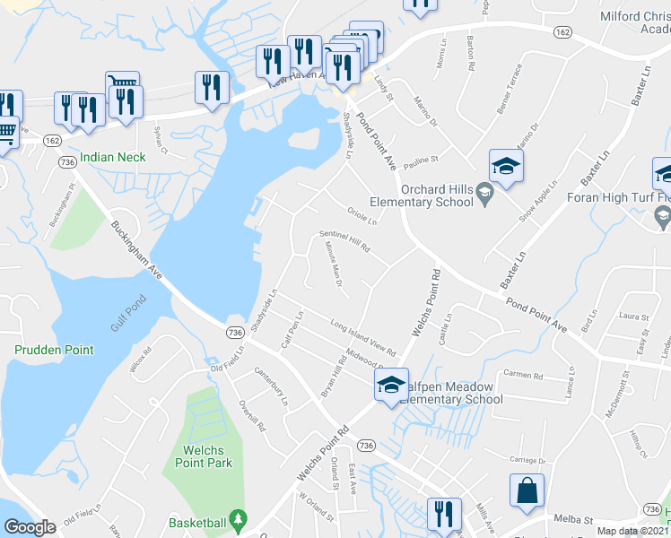 map of restaurants, bars, coffee shops, grocery stores, and more near 44 Minute Man Drive in Milford