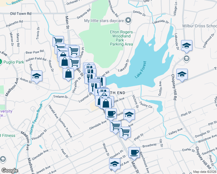 map of restaurants, bars, coffee shops, grocery stores, and more near 90 Grenelle Street in Bridgeport