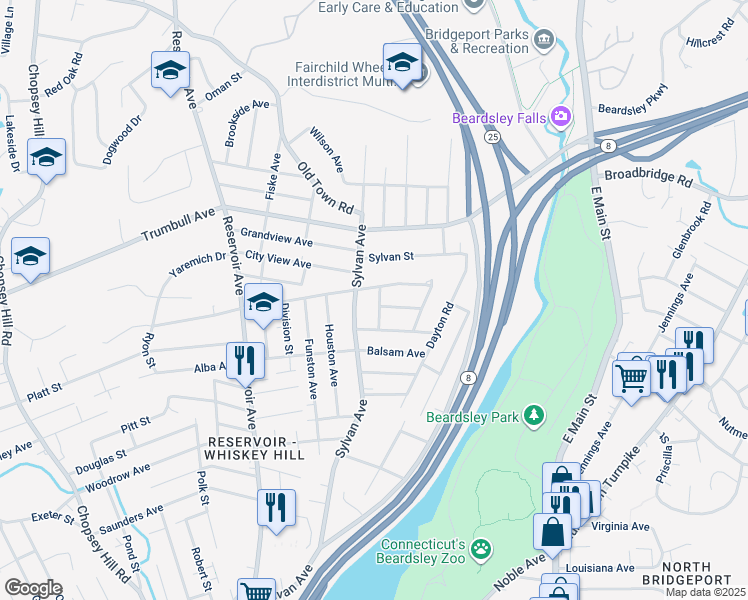 map of restaurants, bars, coffee shops, grocery stores, and more near 65 Westmere Street in Bridgeport