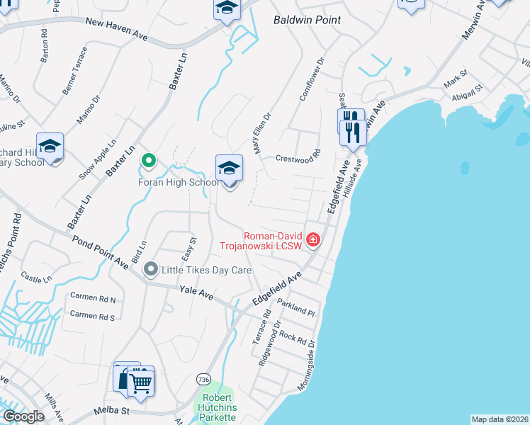 map of restaurants, bars, coffee shops, grocery stores, and more near 60 Whalley Avenue in Milford