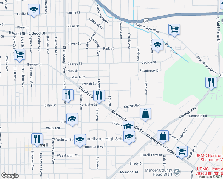 map of restaurants, bars, coffee shops, grocery stores, and more near 1050-1118 10th Street in Sharon