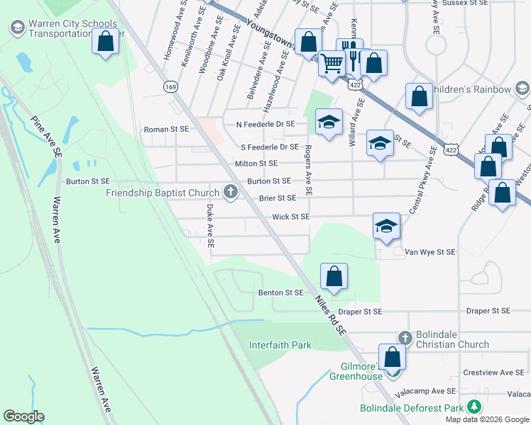 map of restaurants, bars, coffee shops, grocery stores, and more near 2355 Niles Road Southeast in Warren