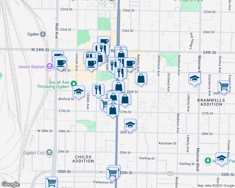 map of restaurants, bars, coffee shops, grocery stores, and more near 2610 Washington Boulevard in Ogden