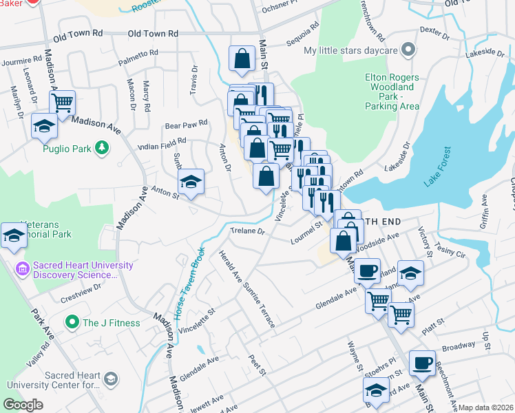 map of restaurants, bars, coffee shops, grocery stores, and more near 36 Anton Drive in Bridgeport