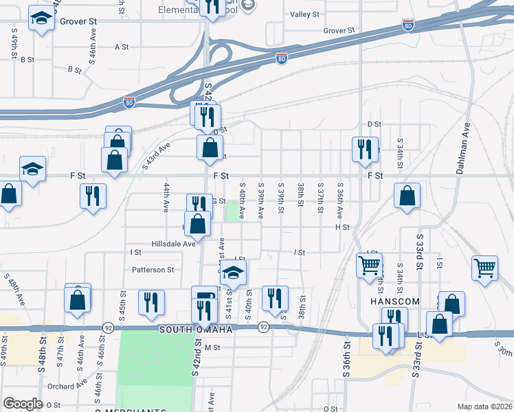 map of restaurants, bars, coffee shops, grocery stores, and more near 4202 South 39th Avenue in Omaha