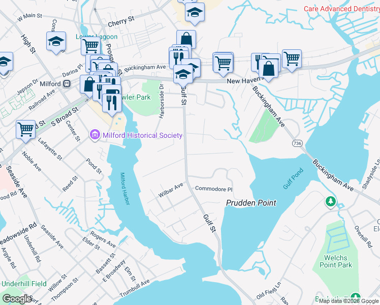 map of restaurants, bars, coffee shops, grocery stores, and more near 264 Gulf Street in Milford