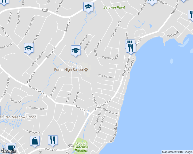 map of restaurants, bars, coffee shops, grocery stores, and more near 60 Whalley Avenue in Milford