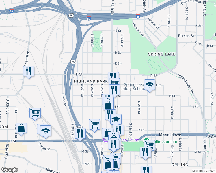 map of restaurants, bars, coffee shops, grocery stores, and more near 2409 G Street in Omaha