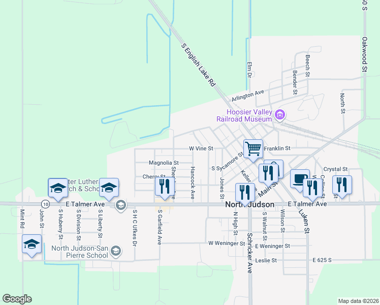 map of restaurants, bars, coffee shops, grocery stores, and more near 505 West Vine Street in North Judson
