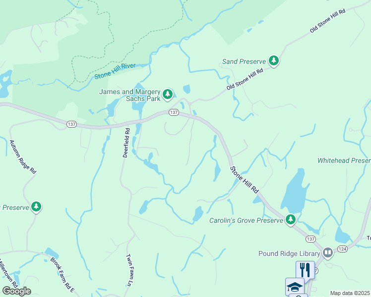 map of restaurants, bars, coffee shops, grocery stores, and more near 286 Stone Hill Road in Pound Ridge
