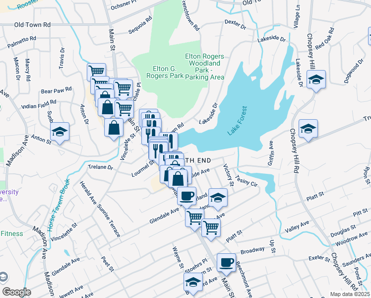 map of restaurants, bars, coffee shops, grocery stores, and more near 90 Grenelle Street in Bridgeport