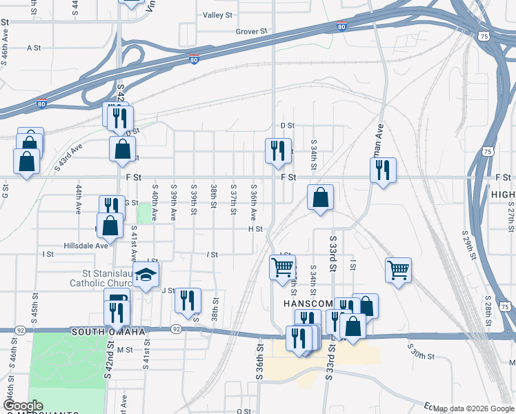 map of restaurants, bars, coffee shops, grocery stores, and more near 4205 South 36th Avenue in Omaha