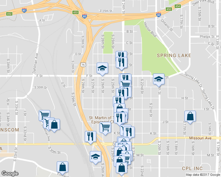 map of restaurants, bars, coffee shops, grocery stores, and more near 4202 South 25th Street in Omaha