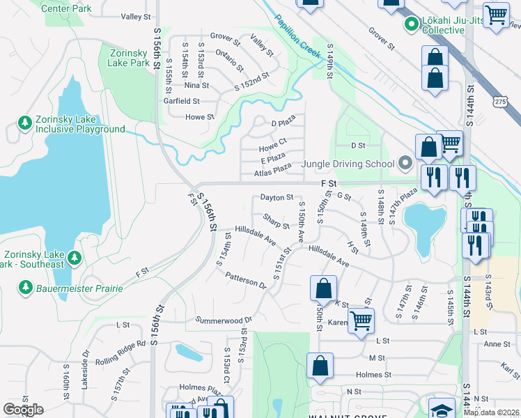 map of restaurants, bars, coffee shops, grocery stores, and more near 15224 Sharp St in Omaha