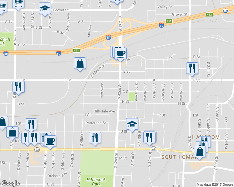 map of restaurants, bars, coffee shops, grocery stores, and more near 4224 South 42nd Street in Omaha